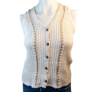 Yesemar Womens Medium Knit Top Sleeveless Cream Organic Cotton Boho Crochet